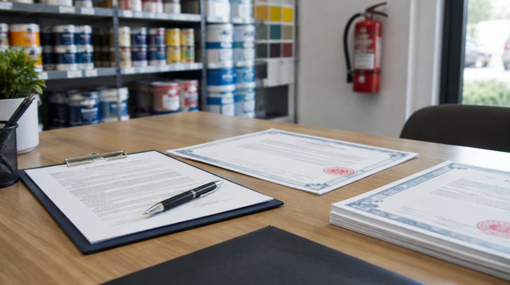 Documentos de licença e prancheta sobre mesa em loja de tintas com extintor ao fundo