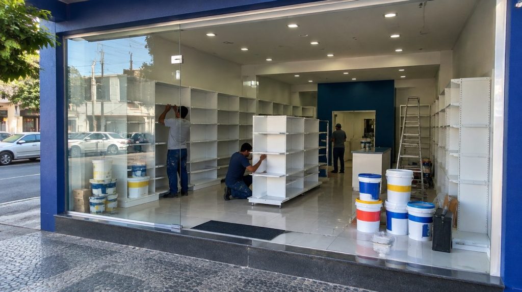 Fachada de loja sendo preparada para virar uma loja de tintas