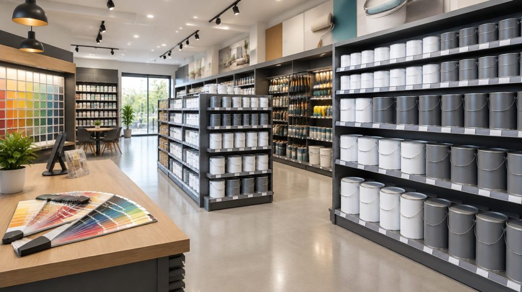 Interior organizado de uma loja de tintas de rede franqueada