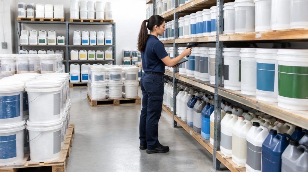 Funcionário fazendo inventário com leitor de código de barras em estoque de tintas