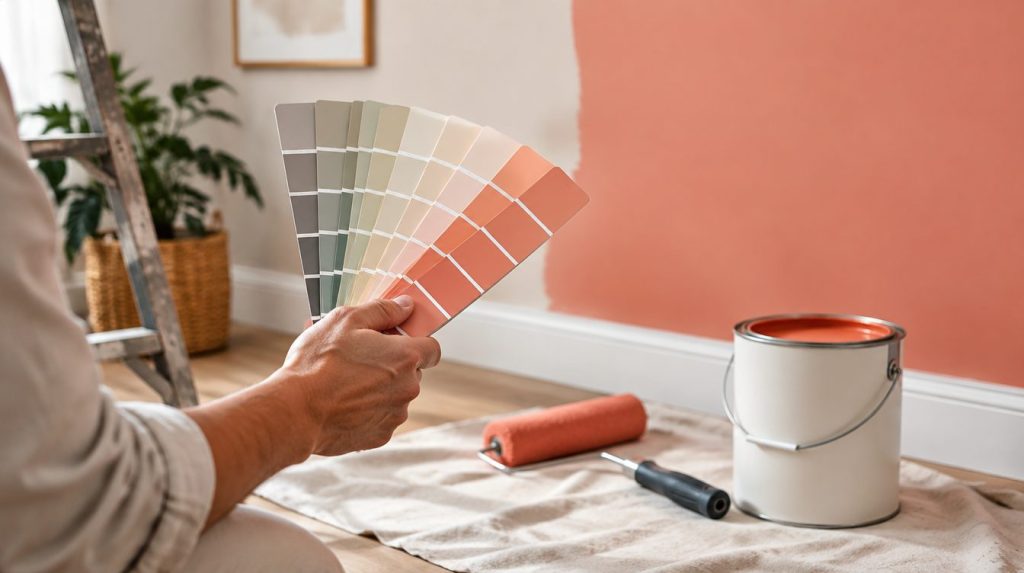 Pintor segurando catálogo de cores diante de parede recém-pintada