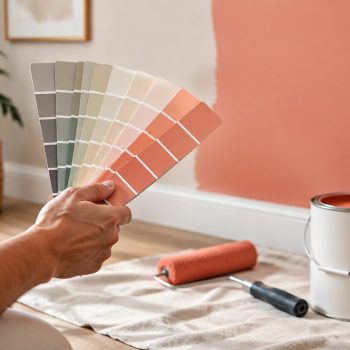 Pintor segurando catálogo de cores diante de parede recém-pintada