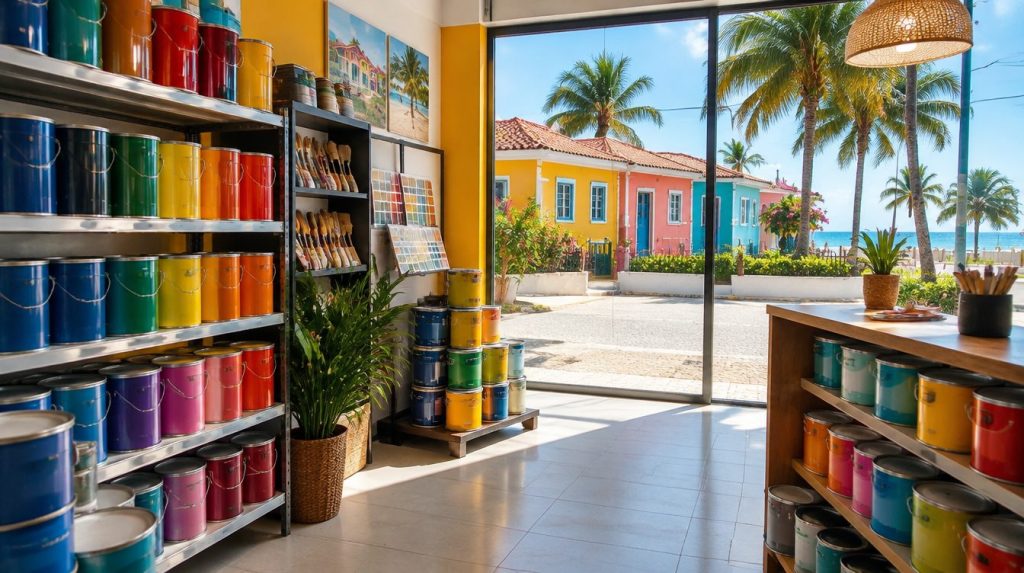 Loja de tintas iluminada em cidade litorânea do Nordeste com casas coloridas ao fundo