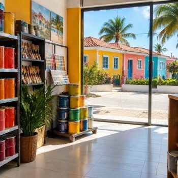 Loja de tintas iluminada em cidade litorânea do Nordeste com casas coloridas ao fundo