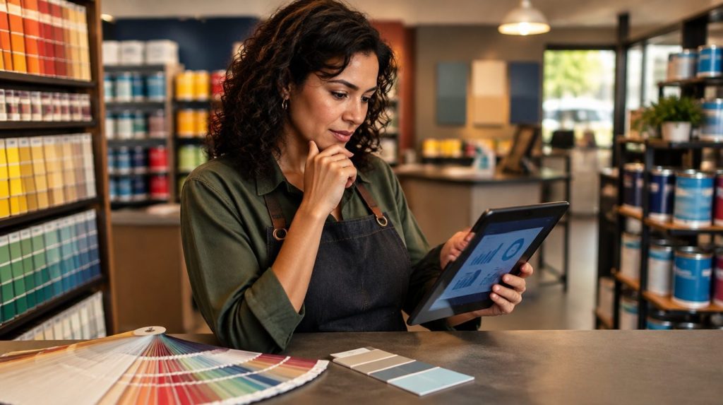Empresária analisando gráficos em um tablet no balcão de uma loja de tintas