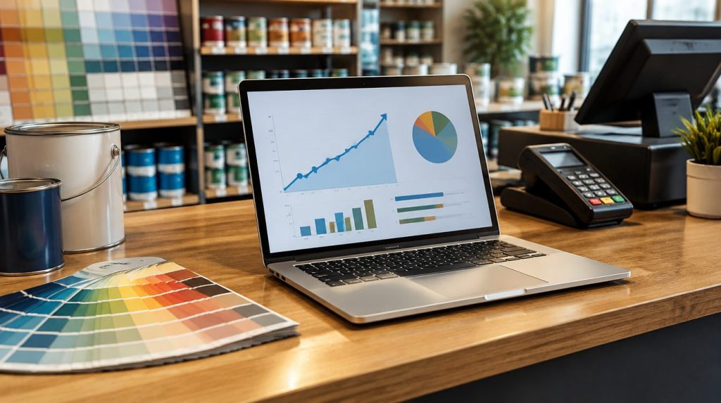 Laptop com gráficos de crescimento no balcão de uma loja de tintas