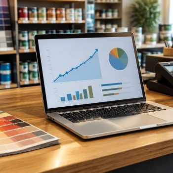 Laptop com gráficos de crescimento no balcão de uma loja de tintas