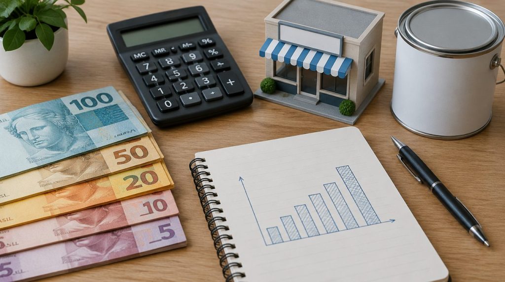 Notas de real, calculadora e lata de tinta sobre mesa em planejamento financeiro