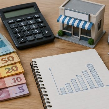 Notas de real, calculadora e lata de tinta sobre mesa em planejamento financeiro