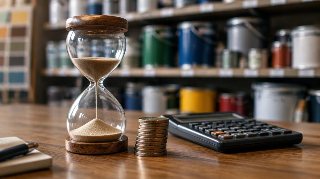 Ampulheta ao lado de calculadora e moedas com prateleira de tintas ao fundo