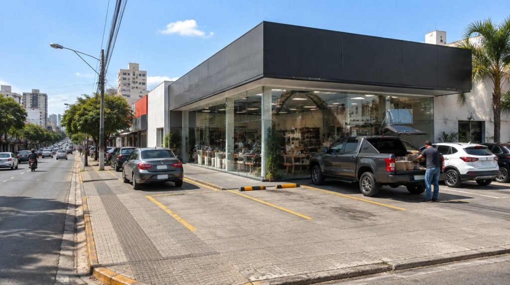 Avenida comercial com imóvel de esquina com fachada de vidro e vagas em frente