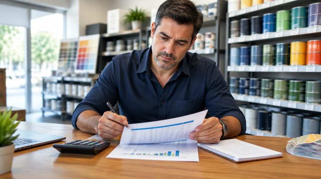 Empreendedor analisando planilha de investimento dentro de uma loja de tintas